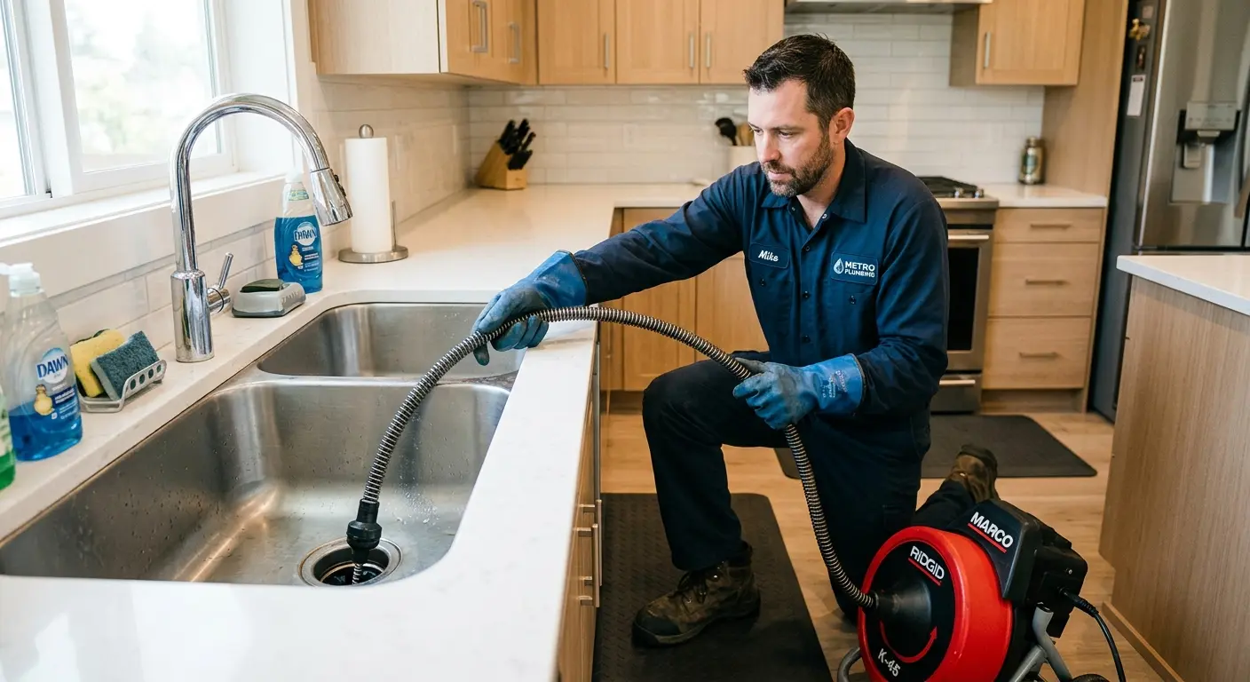 Drain cleaning technician using a motorized snake on a kitchen sink in Beavercreek