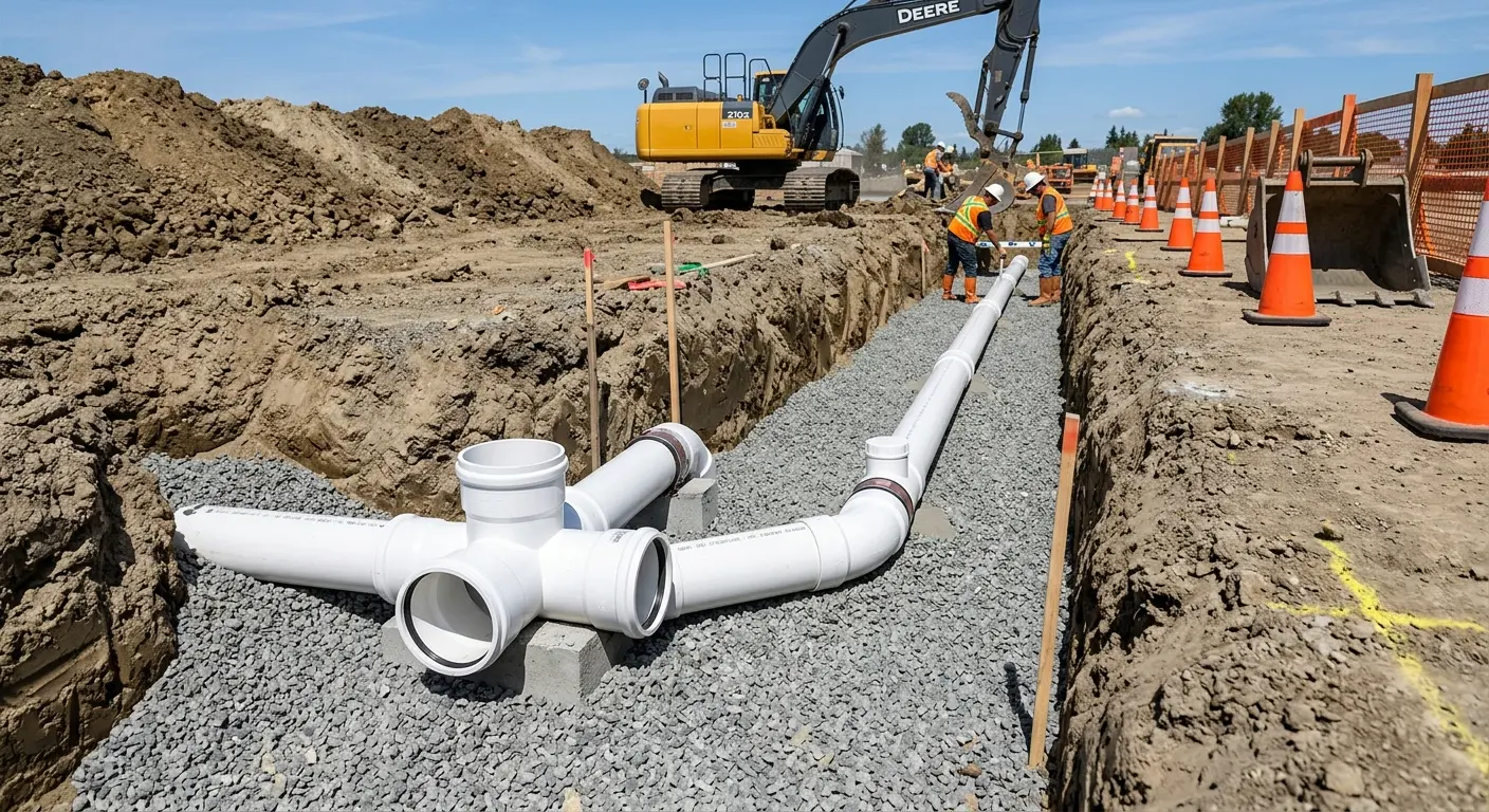 New PVC sewer pipe installation in open trench for Sewer Backup in Beavercreek