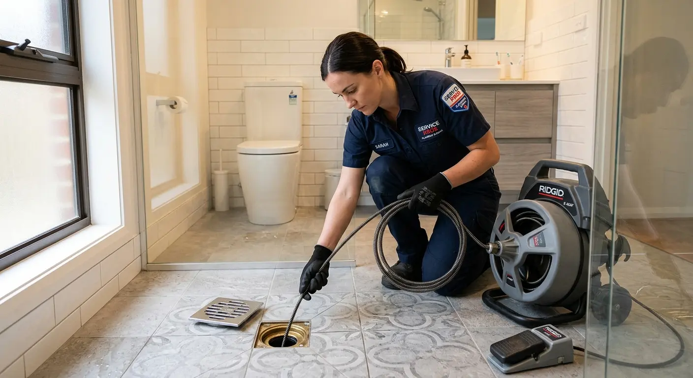 Technician clearing a bathroom floor drain for Drain Cleaning in Beavercreek